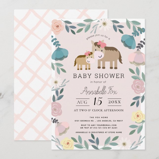 Mom & Baby Horse Pink Floral Garden Baby Shower Invitation (Front/Back)