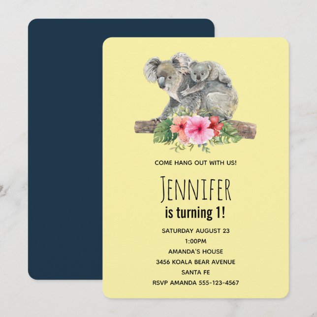 Mom & Baby Koala Bears Cute Watercolor Birthday Invitation (Front/Back)