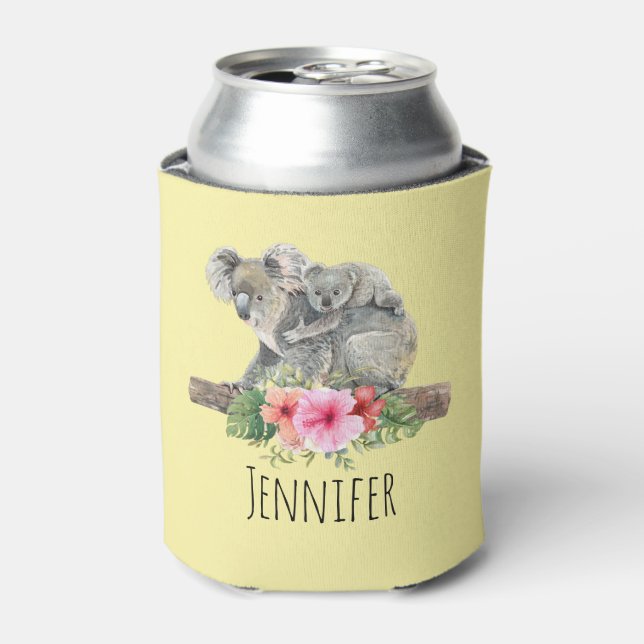Mom & Baby Koala Bears Cute Watercolor Can Cooler (Can Front)