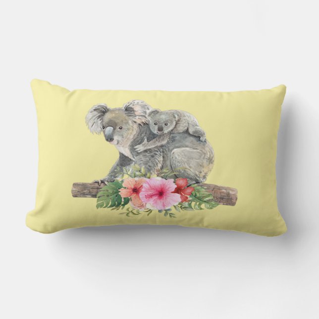 Mom & Baby Koala Bears Cute Watercolor Lumbar Pillow (Front)