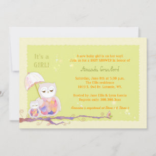 Mom & Baby Owls Green Baby Girl Shower Invitation