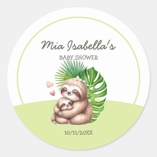 Mom & Baby Sloth Baby Shower Classic Round Sticker (Front)