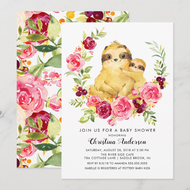 Mom & Baby Sloth Baby Shower Invitation (Front/Back)