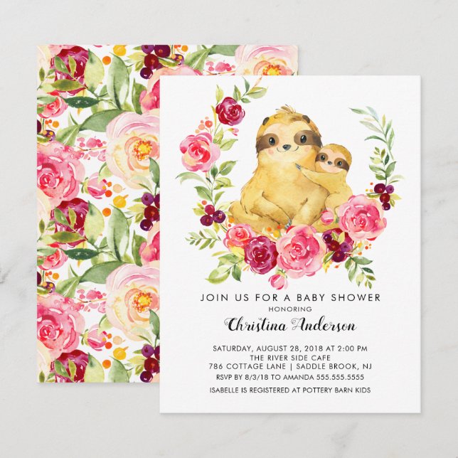 Mom & Baby Sloth Baby Shower Invitation (Front/Back)
