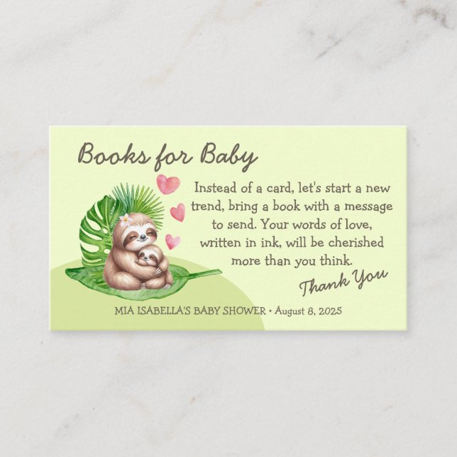 Mom & Baby Sloth - Books For Baby Enclosure Card (Front)