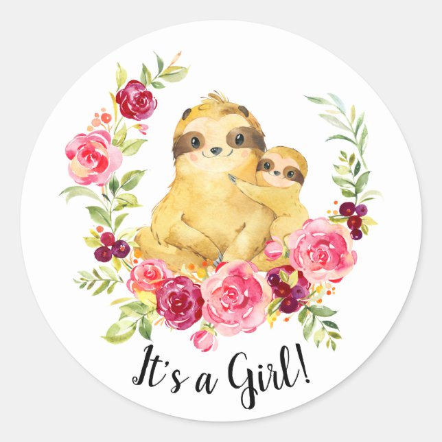 Mom & Baby Sloth It' a Girl Favour Sticker (Front)