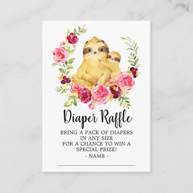 Mom & Baby Sloth Shower Diaper Raffle Ticket Enclosure Card (Front)