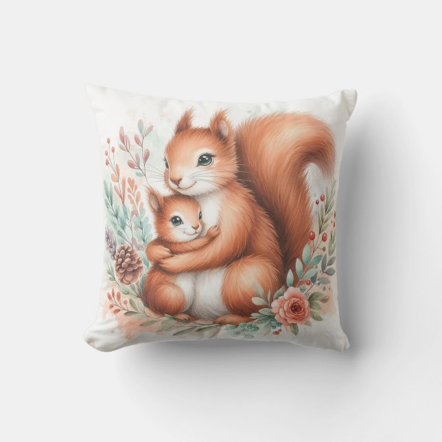 Mom & Baby Squirrel Throw Pillow (Front)
