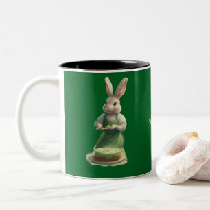 Mom Baking Bunny Birthday Cake green personalized Two-Tone Coffee Mug