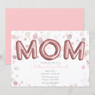 MOM Balloons Mother's Day Brunch Modern Pink Grey Invitation