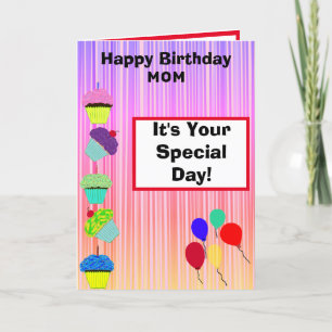 Mom Birthday Cupcakes Ombre Stripes PHOTO Card