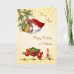 Mom, Birthday on Christmas card with bells, candle<br><div class="desc">Christmas conifer with three bells,   candle,  decorations and present</div>