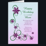 Mom Birthday with Scrolls and Flowers<br><div class="desc">An elegant and beautiful birthday card. A perfect card to give to your mom. Purple flowers and glittery scrolls make a very special birthday card.</div>