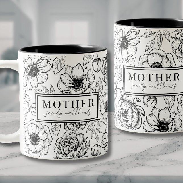 Mom Black White Floral Mother Two-Tone Coffee Mug (Modern Black White Floral Two-Tone Coffee Mug)