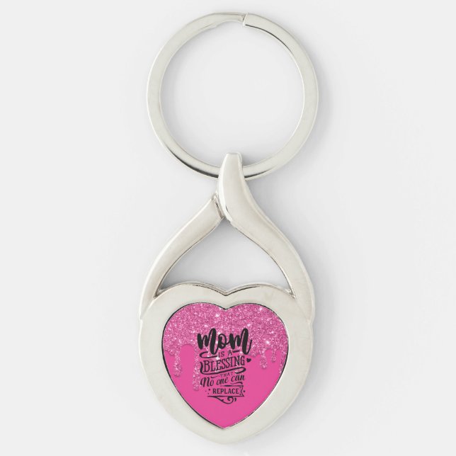 Mom Blessing Quote Pink Dripping Glitter  Keychain (Front)