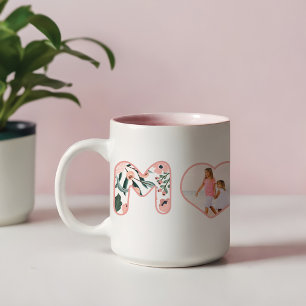 Mom Blush Pink Floral Bubble Lettering Heart Photo Two-Tone Coffee Mug