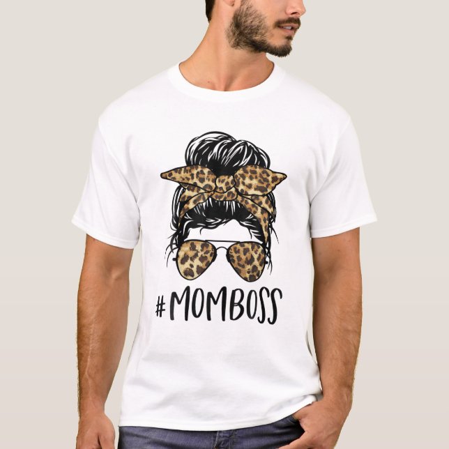 Mom Boss Messy Bun Leopard Glasses Bandana Mama Mo T-Shirt (Front)