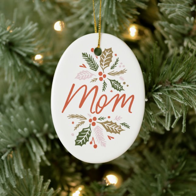 Mom Bright Holly Christmas Photo Ceramic Ornament (Tree)