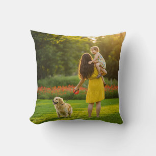 Mom, Child, and Dog in Sunny Park Throw Pillow