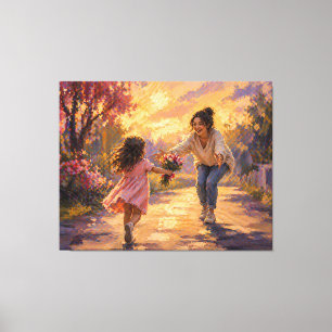 Mom Child Running With Flowers Canvas Art