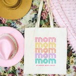 Mom | Colourful Bright Disco Style Text Tote Bag<br><div class="desc">This fun and stylish black tote bag says "mom" five times,  in retro inspired bright colours of pink,  yellow,  orange,  purple and turquoise and trendy disco style typography. Add the names of your children to show how proud you are to be their mother.</div>