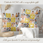 MOM Custom 12 Photo Collage Modern Marigold Yellow Throw Pillow<br><div class="desc">Celebrate the remarkable journey of motherhood with our Modern MOM Photo Collage Pillow—a delightful blend of style, sentiment, and personalization. This charming pillow is the perfect Mother’s Day gift, capturing precious memories in a bold and modern design that moms will adore. Product Features: Bold Colour Block Design: The eye-catching, vibrant...</div>