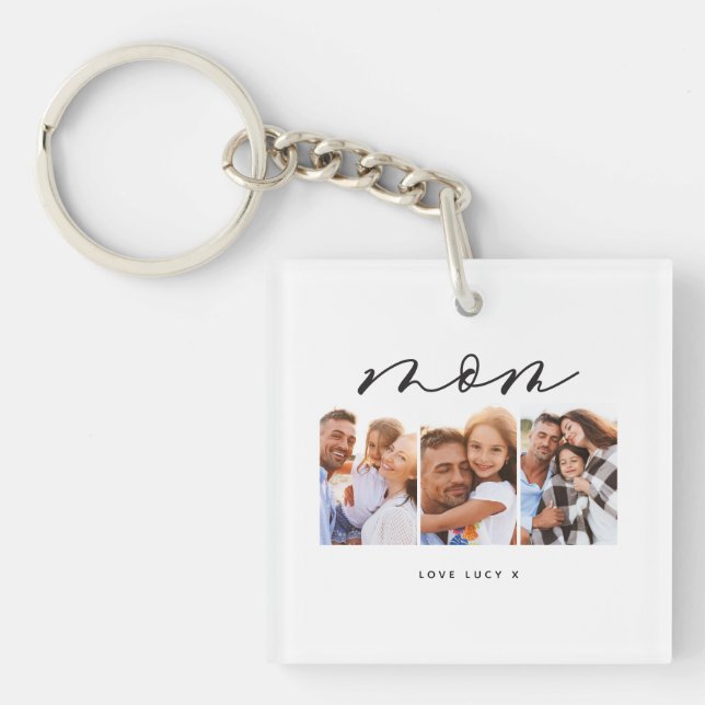 mom cute modern script multi photo gift keychain (Front)