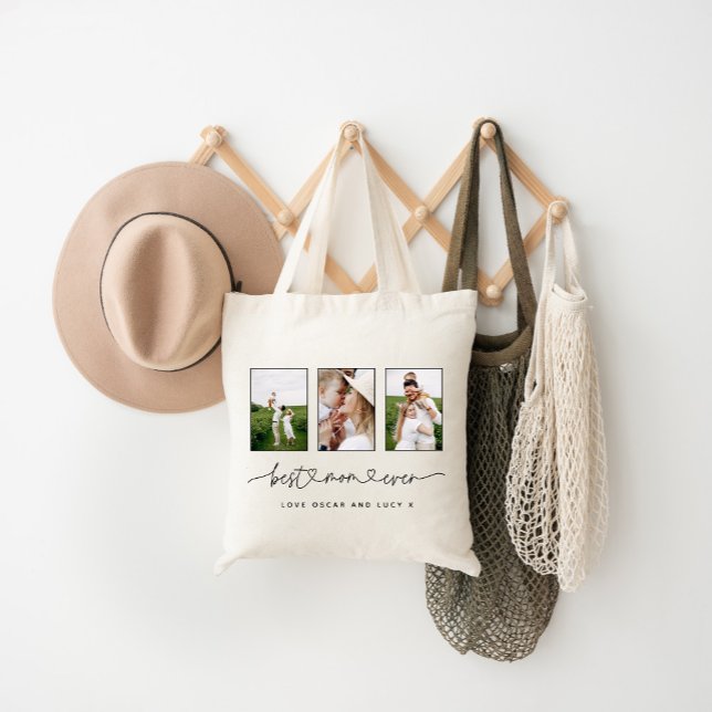 Mom cute modern script multi photo gift tote bag (Creator Uploaded)