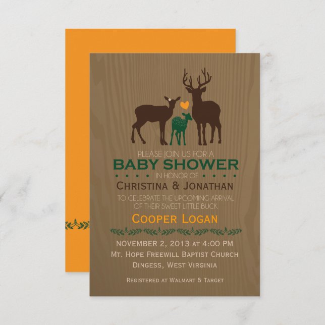 Mom, Dad & Baby Boy Deer - Orange Shower Invite (Front/Back)