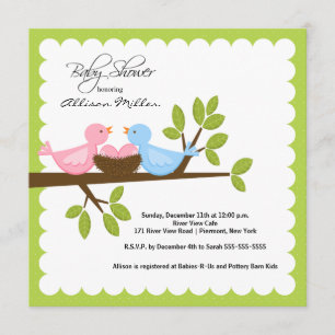 Mom Dad Birds with TWINGirls Multiple Baby Shower Invitation