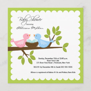 Mom & Dad Birds with TWINS Baby Shower Invitation