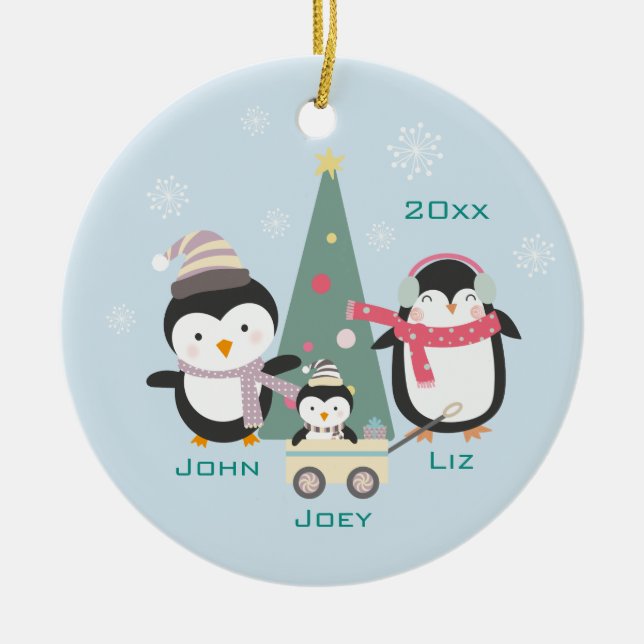 Mom, Dad & Child Penguins Ceramic Ornament (Front)