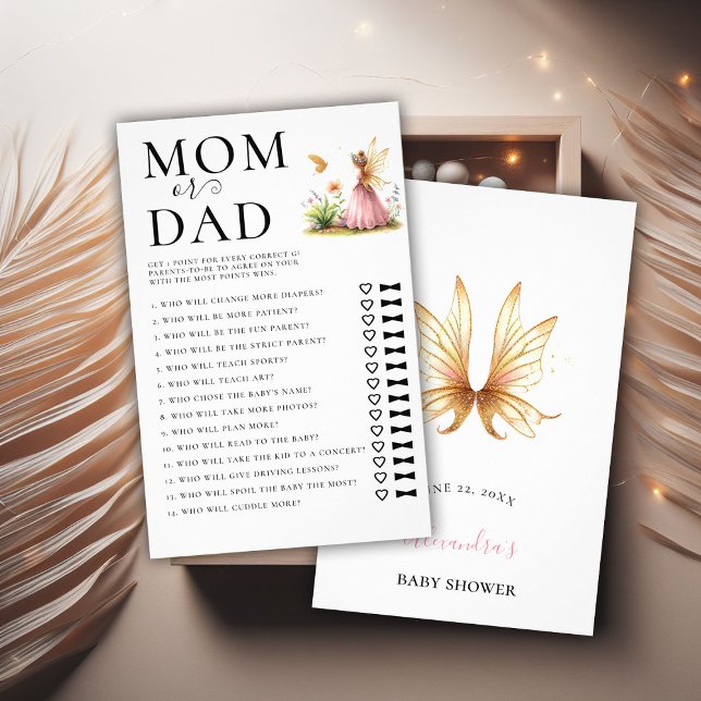 Mom Dad Guess Who Baby Shower Game Fairy Princess Flyer (baby shower game mom dad fairy princess enchanted garden watercolor pink gold cute adorable)