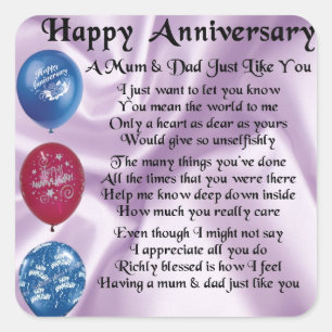 Mom & Dad  -  Happy Anniversary  -  Lilac Square Sticker