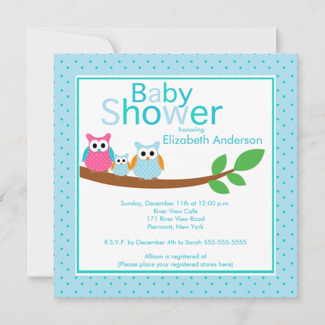 Mom & Dad Owls with Baby Owl Boy Baby Shower Invitation (Front)