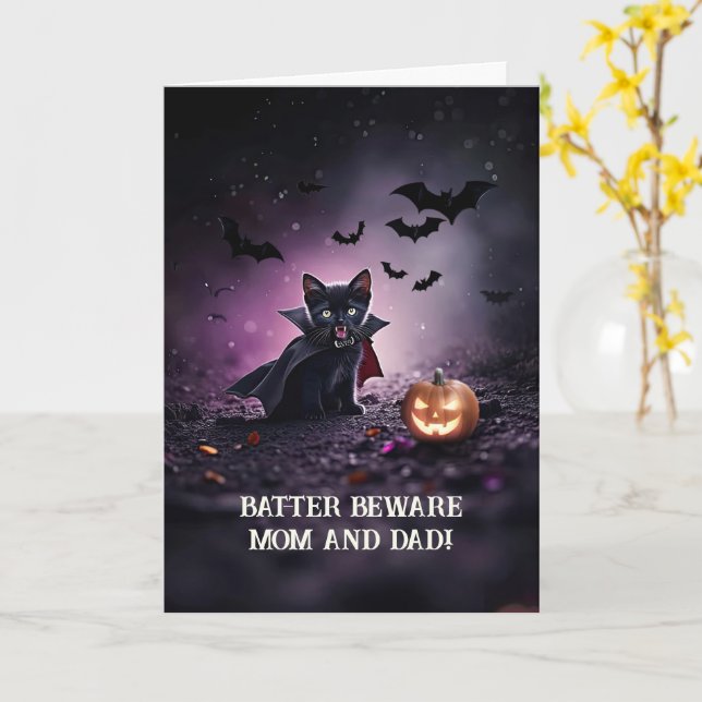 Mom Dad Parents Happy Halloween Cute Black Cat Card (Yellow Flower)