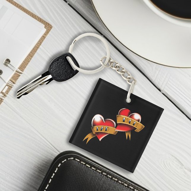 Mom Dad Red Hearts Tattoo Keychain (Creator Uploaded)