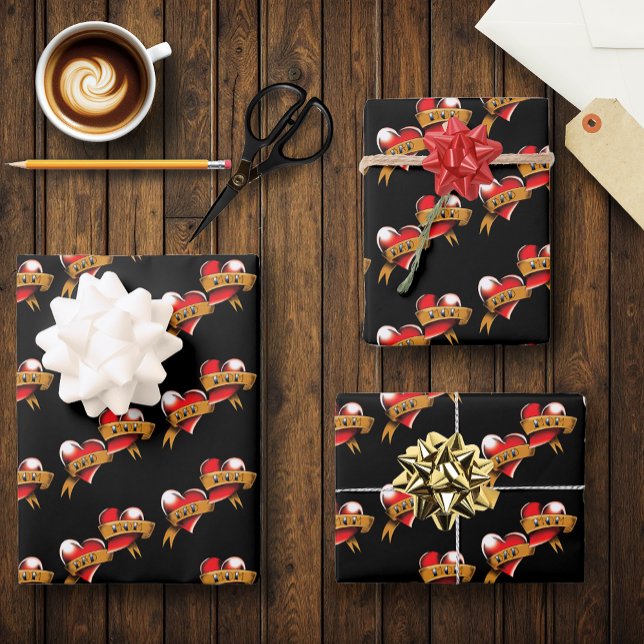 Mom Dad Red Hearts Tattoo Wrapping Paper Sheet (Creator Uploaded)