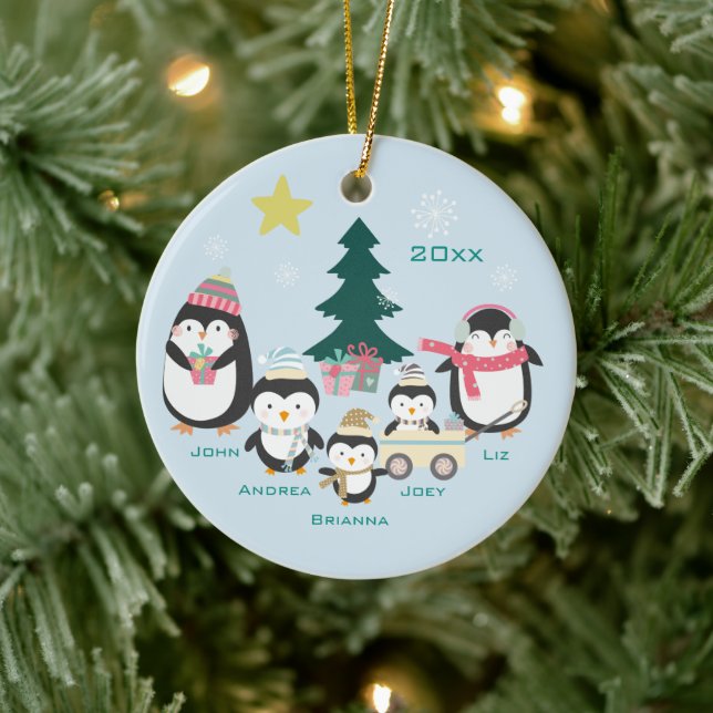 Mom, Dad & Three Children ~ Penguins Ceramic Ornament (Tree)