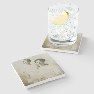 Mom & Daughter Foxed RPPC BW Photo Image Stone Coaster