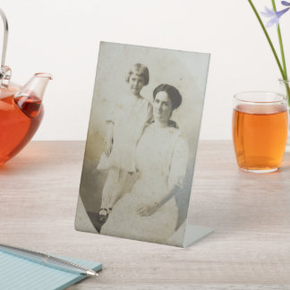 Mom & Daughter Oval Mask Foxed RPPC BW Photo Image Pedestal Sign