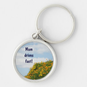Mom Drives Fast! keychain Blue Sky Poppies
