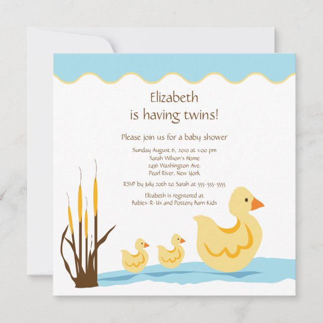 Mom Duck & Baby Duck Twins Baby Shower Invitation (Front)