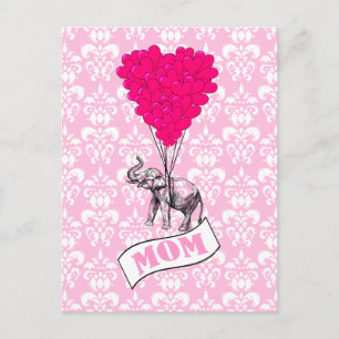 Mom, elephant and heart balloons postcard