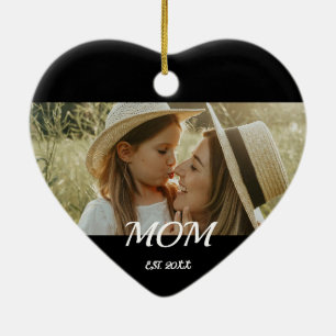 Mom Est. Black White Script Mothers Day Photo Cer Ceramic Ornament