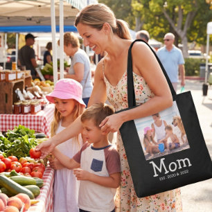 Mom Est Saying White Fun Whimsical Font Photo Tote Bag