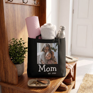 Mom Est Saying White Fun Whimsical Font Photo Tote Bag