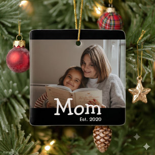 Mom Est Saying White Whimsical Font Ceramic Ornament