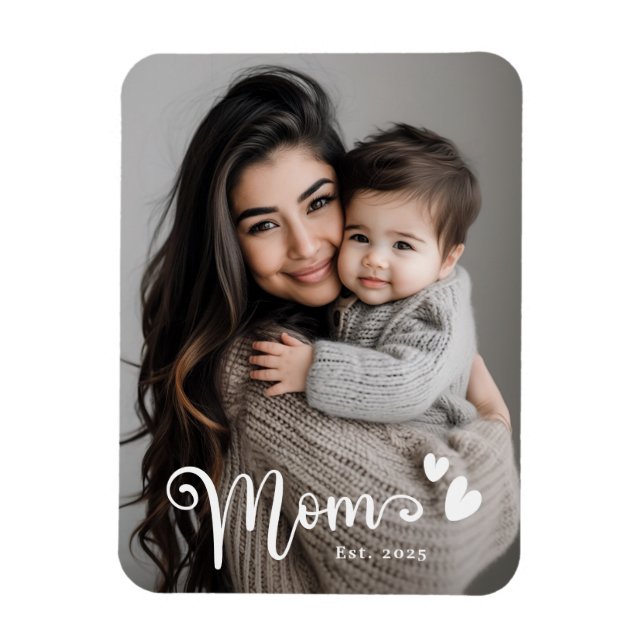 Mom est year hearts overlay photo magnet (Vertical)