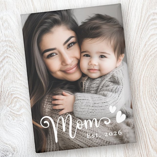 Mom est year hearts overlay photo magnet (Mom est year hearts overlay photo magnet)